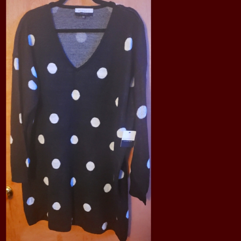 ELOQUII ELEMENTS 18/20 V NECK BLK WHT POKA DOT TUNIC SWEATER NEW